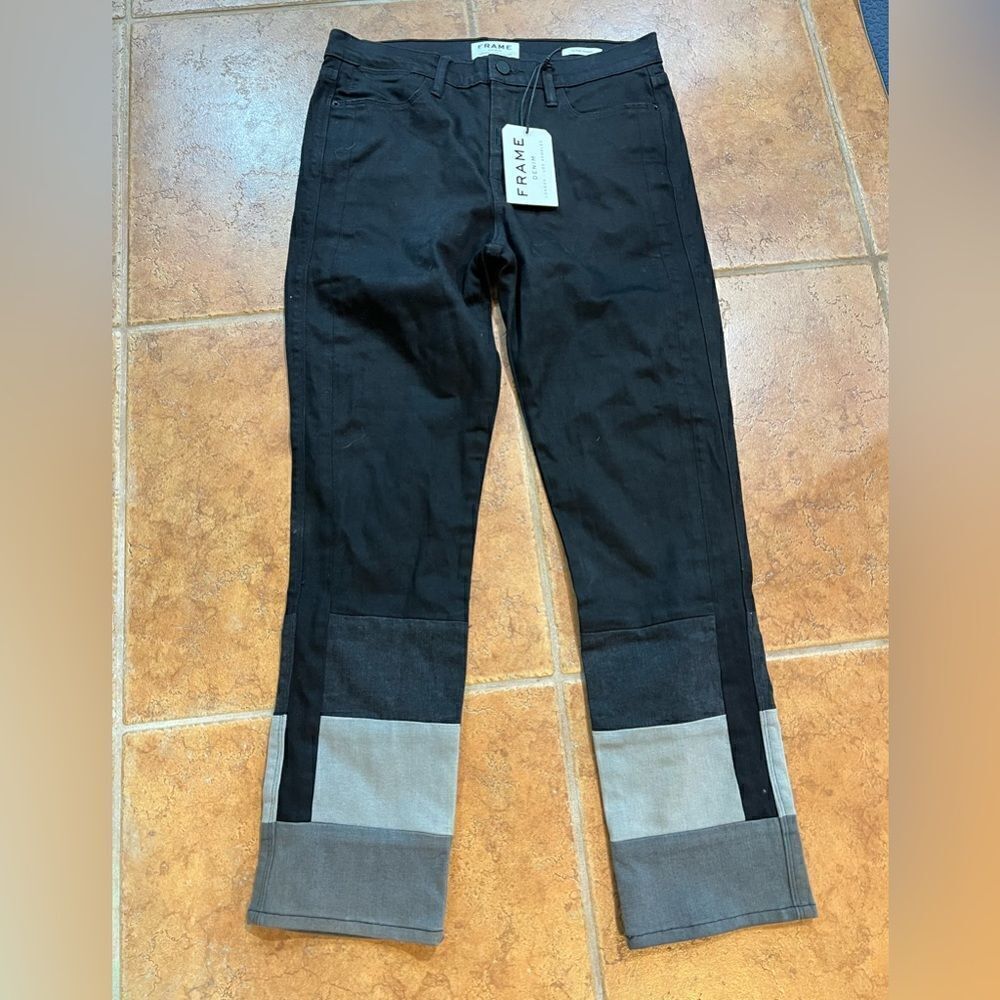 NWT FRAME High Rise Straight Ankle Colorblock Contrast Hem in Washed Black S 30 - Picture 1 of 8